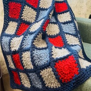 Cozy Crochet Sunburst Blanket Limited Edition - Red, Blue, Gray.